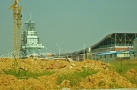 The side view of the island superstructure and mast